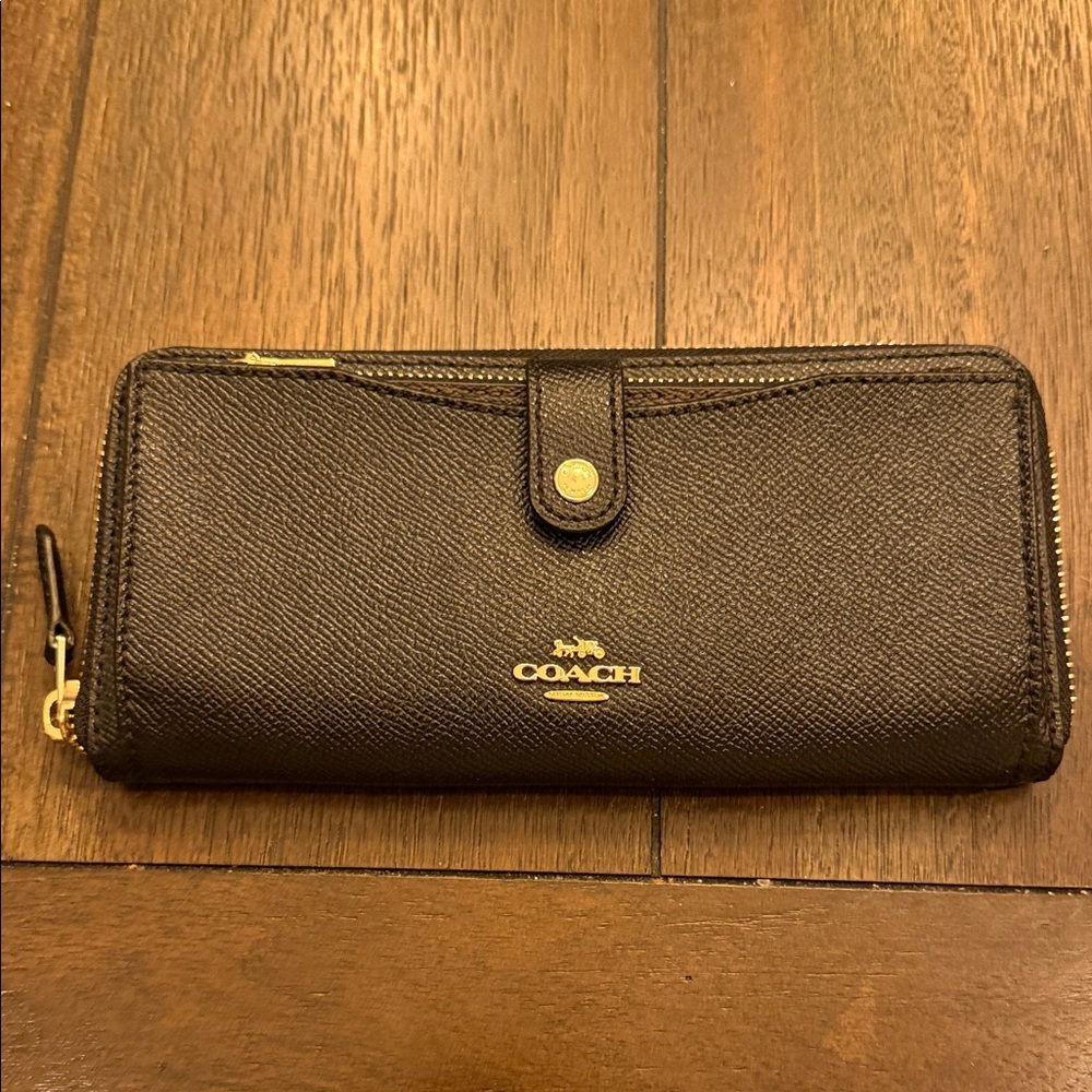 Coach Black Leather Wallet with Gold Details